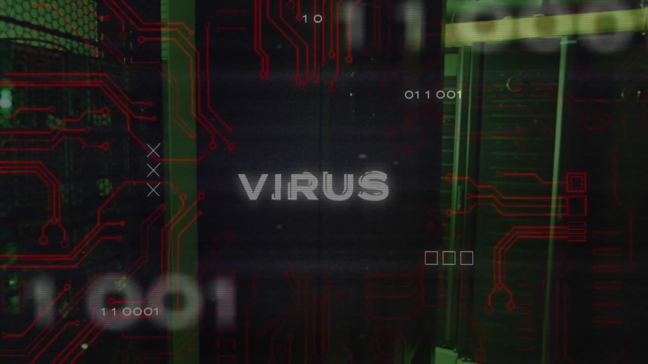 animación del texto del virus y procesamiento de datos en la sala del servidor