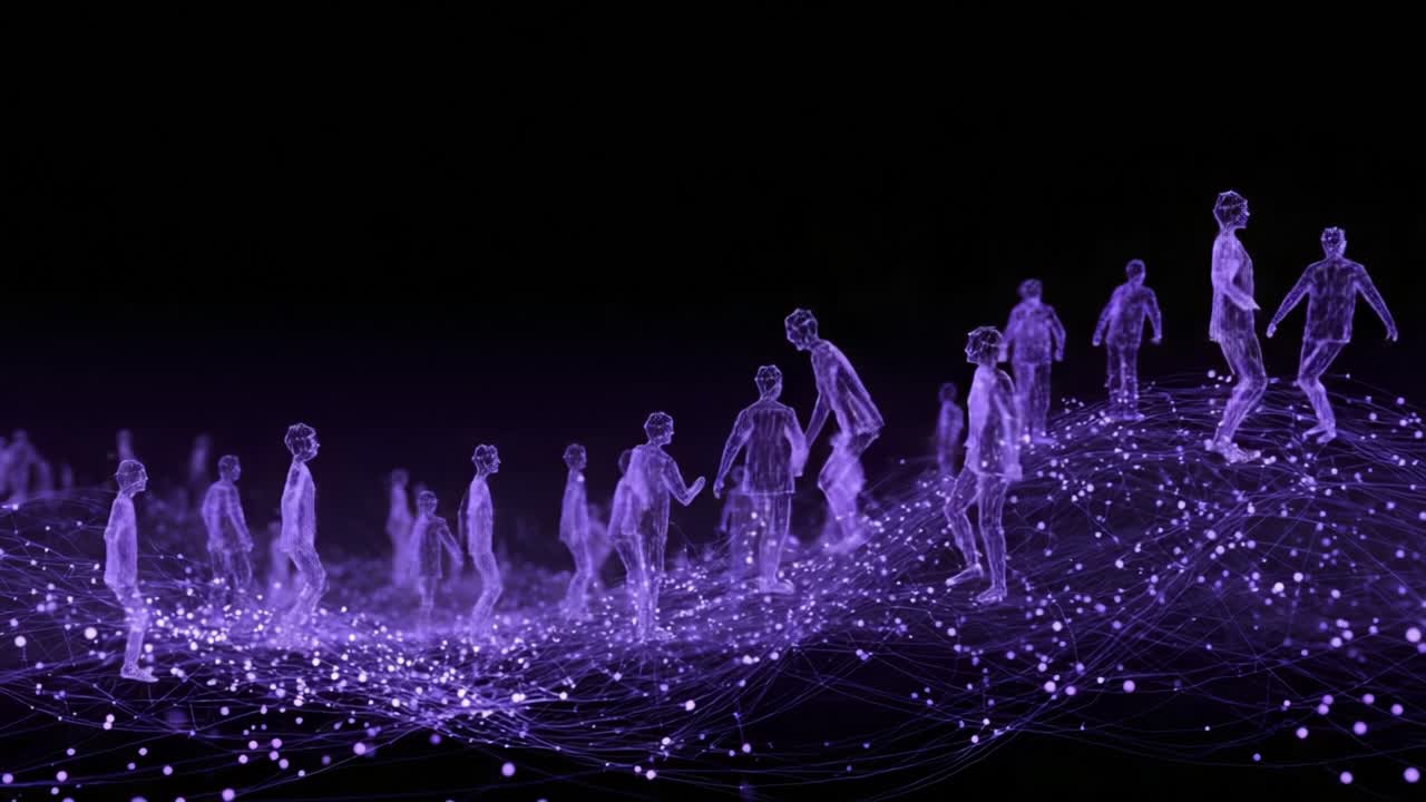 Dynamic Visualization of Abstract Human Figures in Violet and Black Space, Illustrating Movement and Flow Through a Sea of Glowing Particles, Symbolizing Connection and Digital Existence