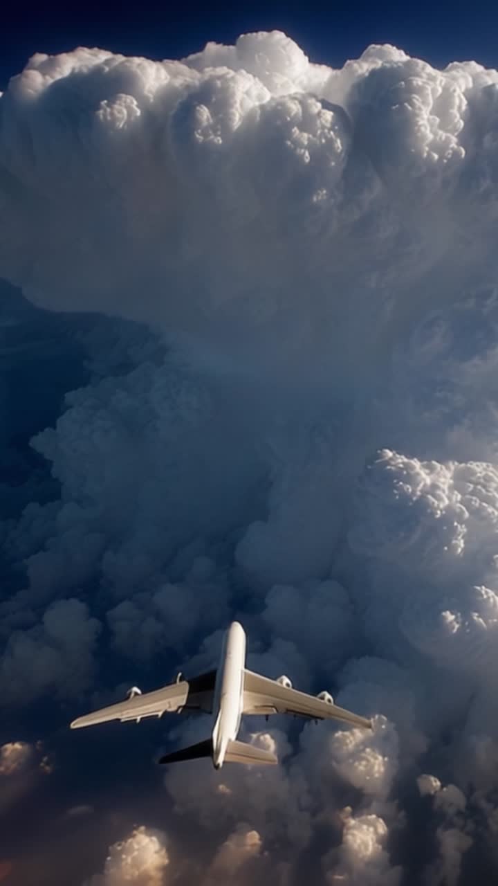 Una vista maestosa dall'alto: un aereo che naviga attraverso un mare di nuvole e turbolenze atmosferiche, mostrando la potenza e la bellezza della natura in volo