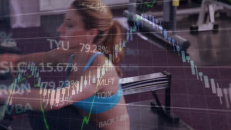 animación del procesamiento de datos financieros sobre una mujer caucásica haciendo ejercicio en el gimnasio