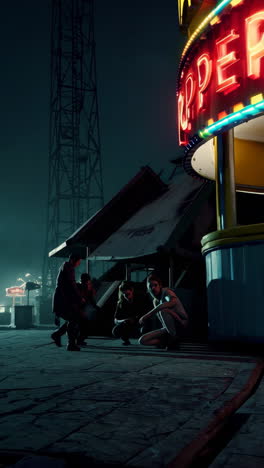 nighttime scene in an abandoned industrial area