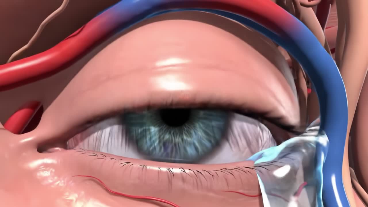 A Detailed Close-Up Examination of the Human Eye Showing Anatomical Structures and Vascular Network in 3D Visualization, Highlighting Features Like Tears and Eyelashes