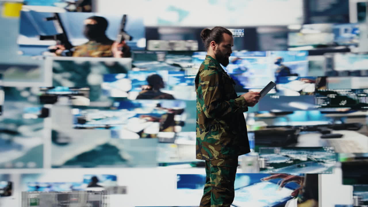 Army officer working in a virtual war zone with digital tech and satellite data