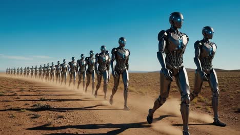 a line of advanced robots marching across a desert landscape, showcasing futuristic technology and precision in robotics, captured in an engaging visual sequence