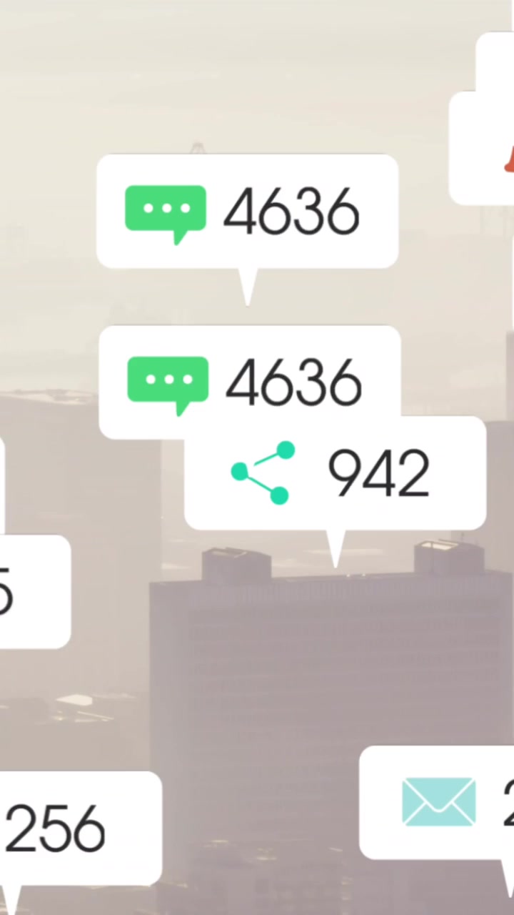 Animazione di icone di social media che fluttuano su vista aerea del paesaggio urbano