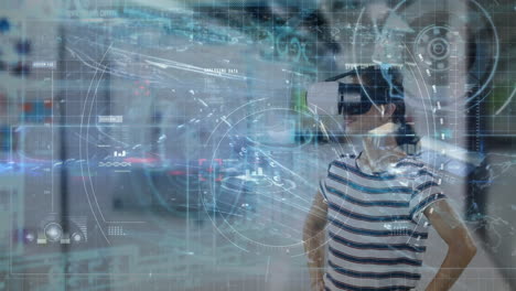 animación del procesamiento de datos sobre una mujer que usa auriculares vr