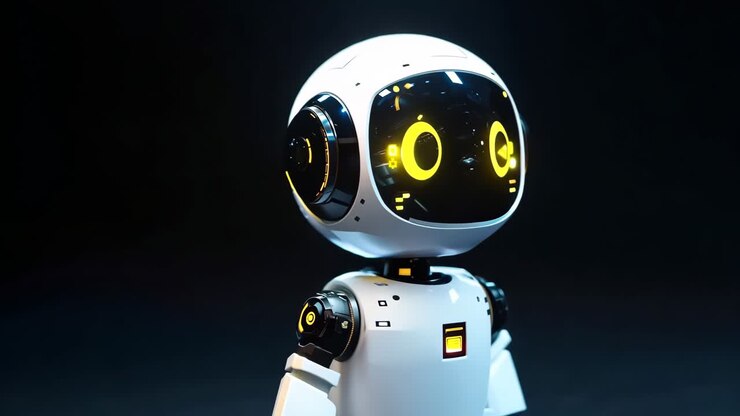 Un robot bianco con gli occhi gialli in piedi al buio