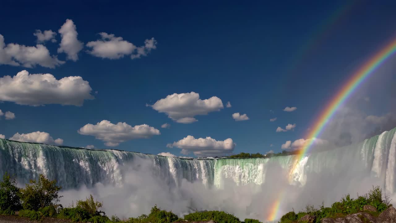 Vídeo gran angular de majestuosas cataratas bajo un cielo despejado, con un arcoíris vibrante arqueándose