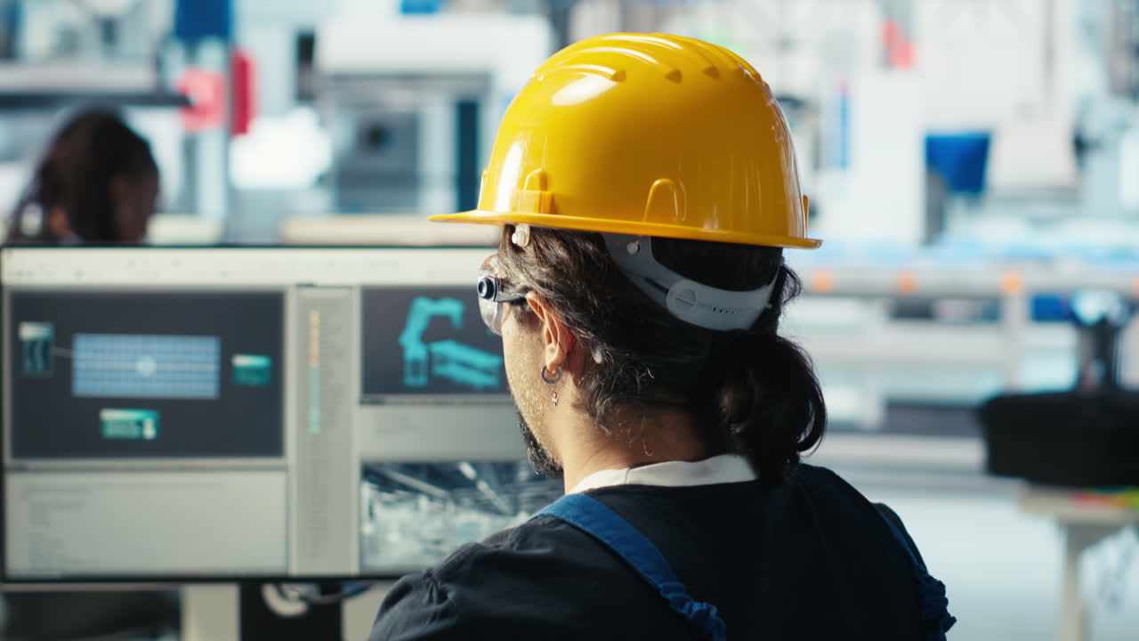 ingegnere di fabbrica fotovoltaica che indossa un casco giallo che analizza i dati sul pc