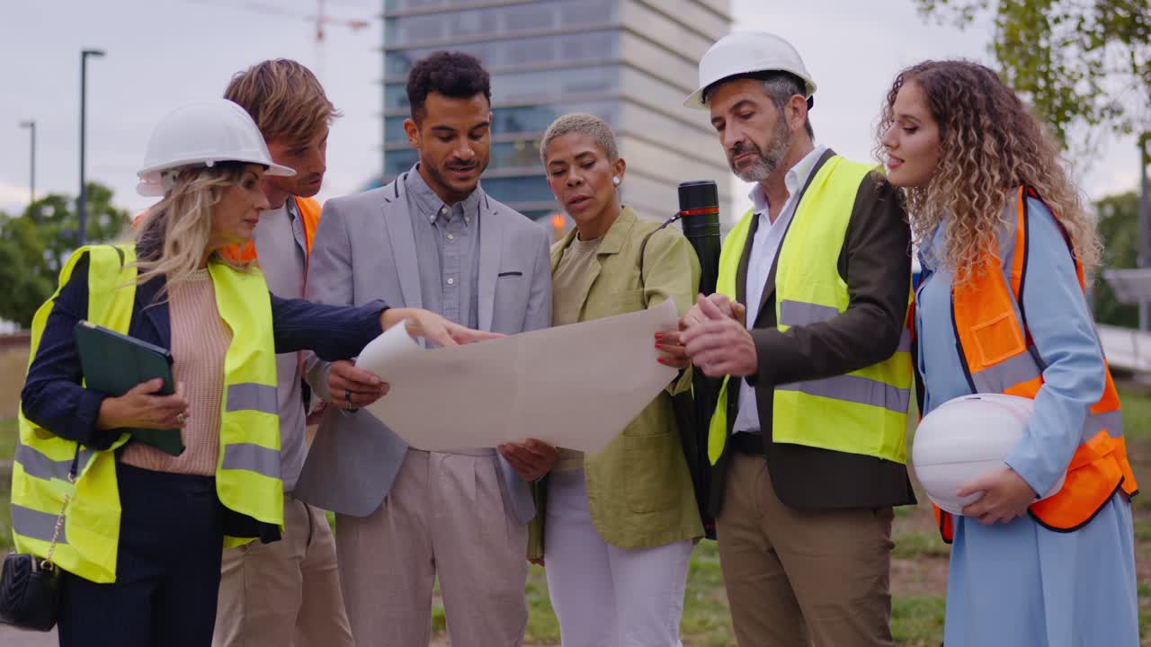 Construction Workers Reviewing Plans on Site