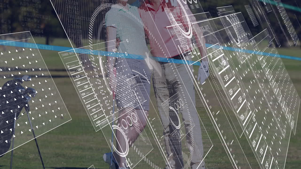 man and woman walking fairway, analyzing holographic charts, gauges and currency tables for finance