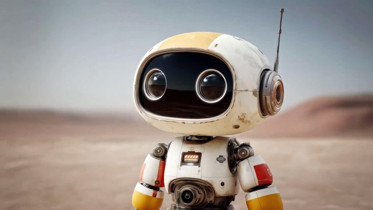 Retro robot in desert landscape