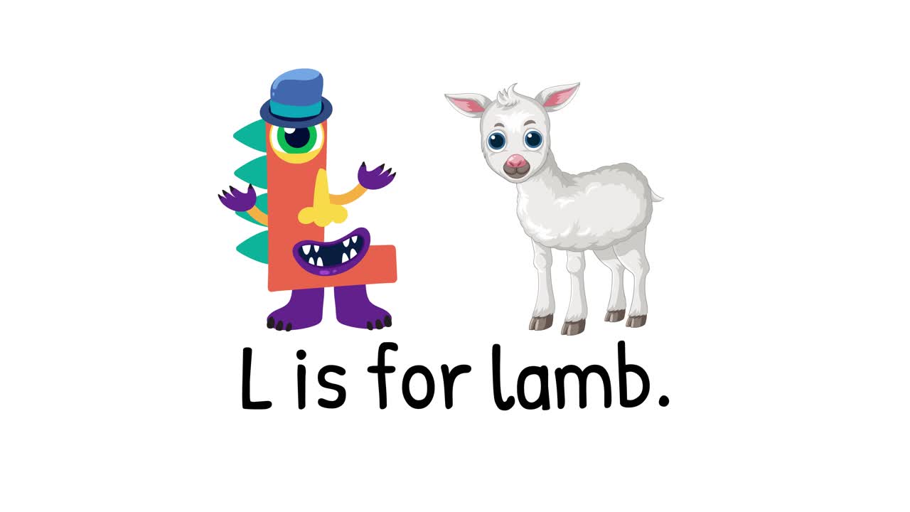 Colorful animation introducing the letter L with a playful lamb character on a white background