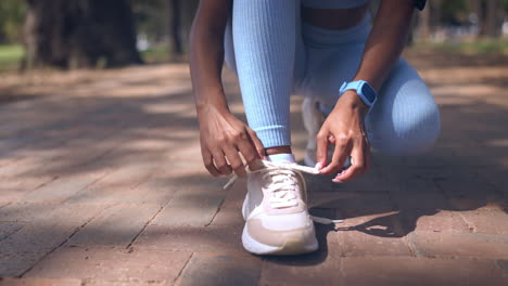 hands, tie shoes and fitness outdoor to start