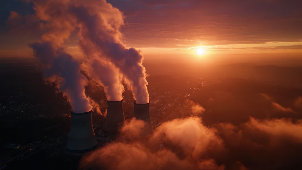 Splendide viste aeree di torri di raffreddamento di centrali elettriche su uno splendido tramonto con nuvole e fumo che si innalzano, per promuovere la consapevolezza ambientale.