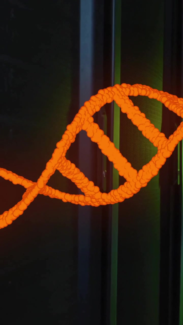 Animation of orange dna strand rotating over dark computer server room