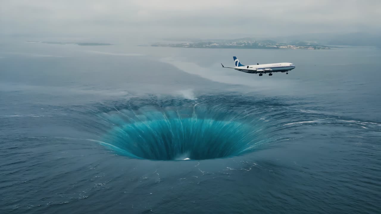 Airplane flying over a large hole in the ocean
