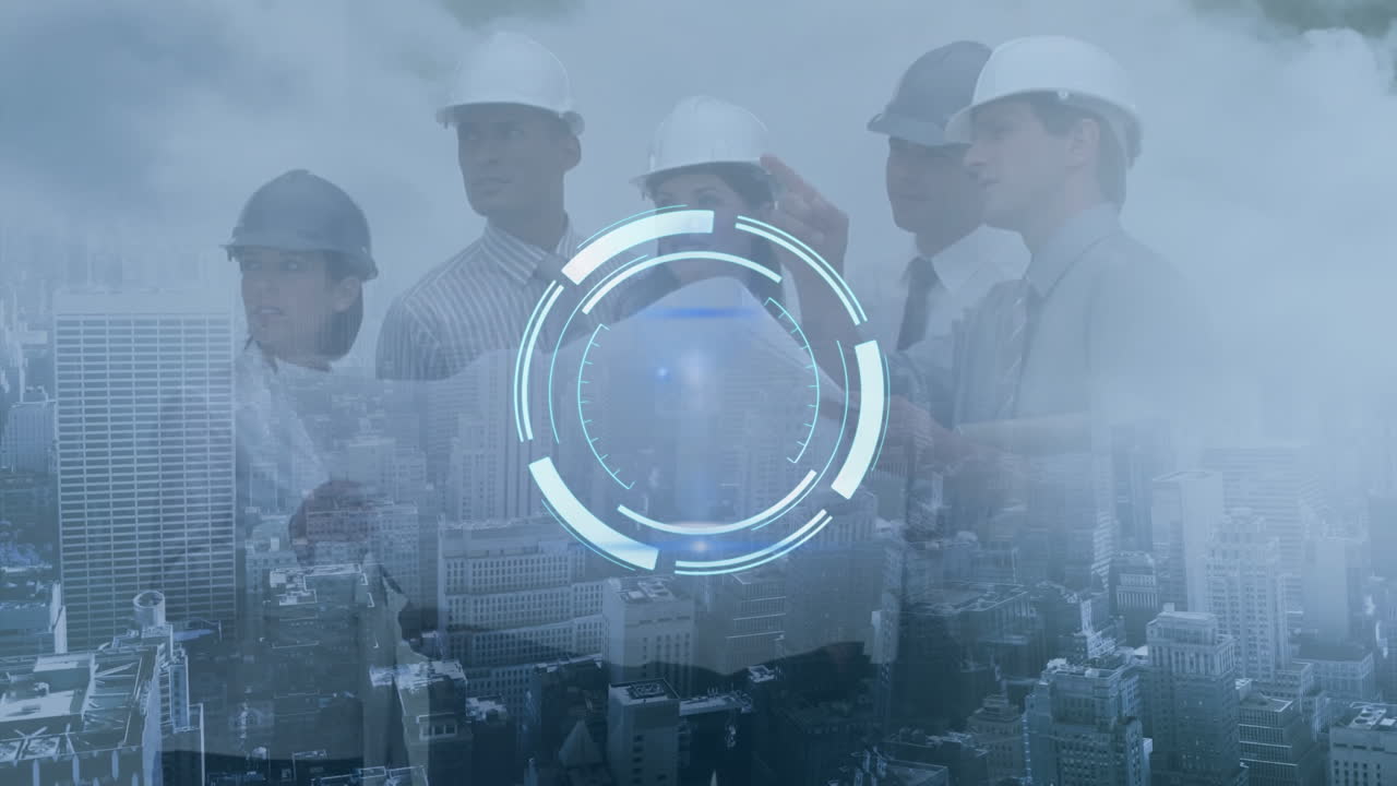 Animation of processing circle over diverse engineers with plan and cityscape