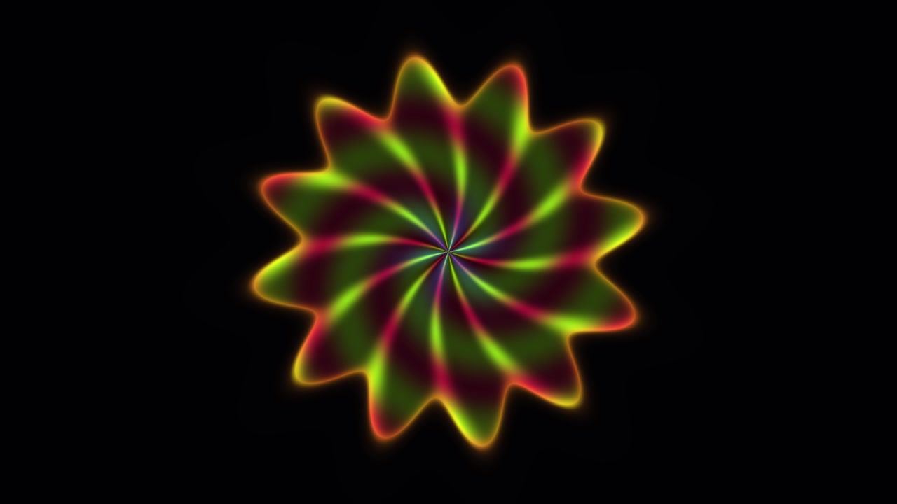 Vortice Mandala cangiante. La scena presenta una vibrante forma di mandala che cambia colore e si muove in moto circolare su uno sfondo scuro. Questo design crea un'immagine coinvolgente.