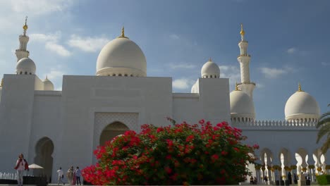 day abu dhabi grand mosque front entrance flowers fountain sunny panorama 4k united arab emirates