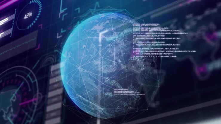 Animation of graphs, data, connections and globe on navy background