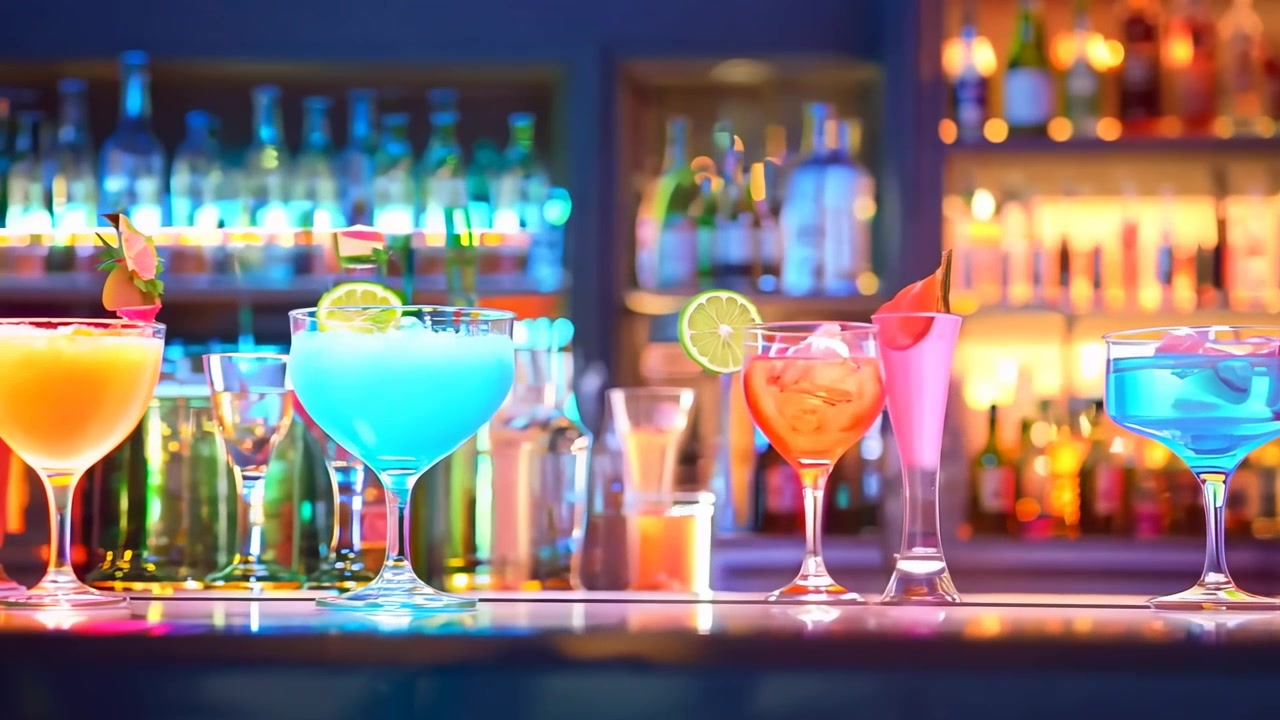 Vari Cocktail Colorati Allineati su un Bancone da Bar
