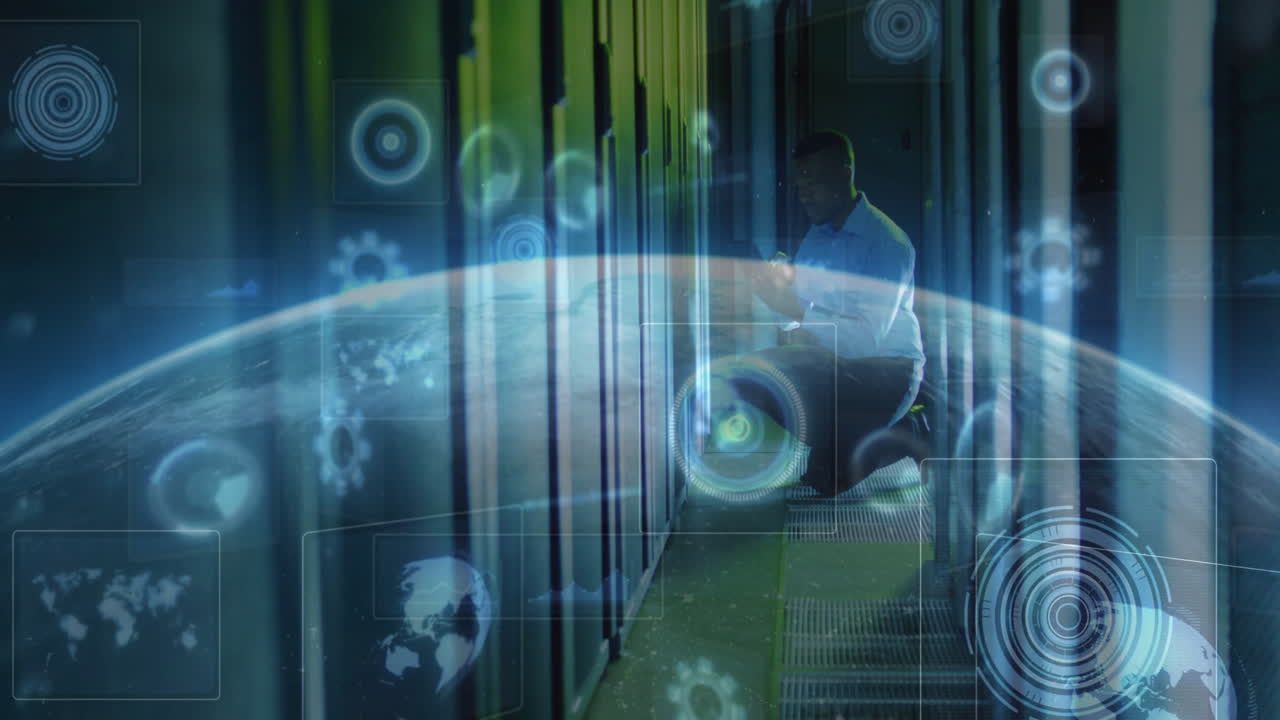 IT technician kneeling in data center aisle, scanning device with network icons and globe overlay