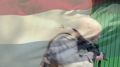 digital composition of waving netherlands flag against soldier training with a gun at training camp
