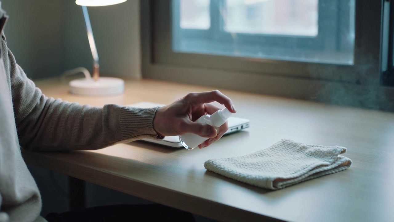 Reaching out, arm wearing beige knit pressing white spray bottle and spraying mist at home desk