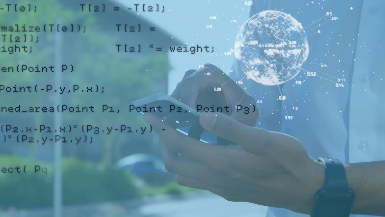 Animation of data processing and globe of connections over man using smartphone
