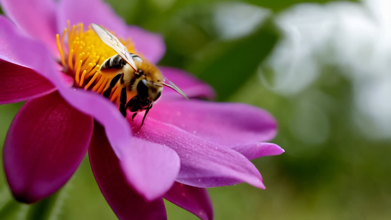 A bee collecting nectar from a vibrant pink flower