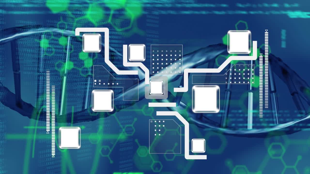 Animation of data processing and network of connections over blue background