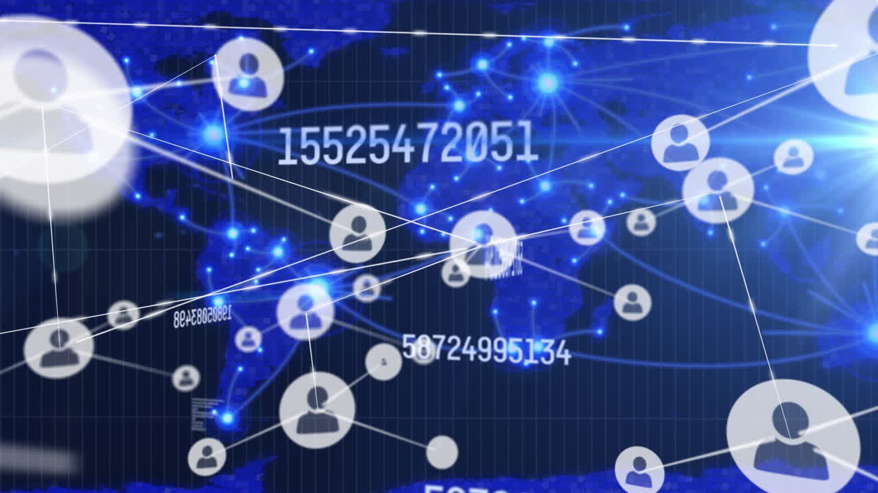 데이터 처리 및 세계 지도를 통한 연결 네트워크의 애니메이션