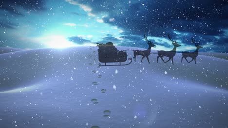 snow falling over santa claus in sleigh being pulled by reindeers against winter landscape
