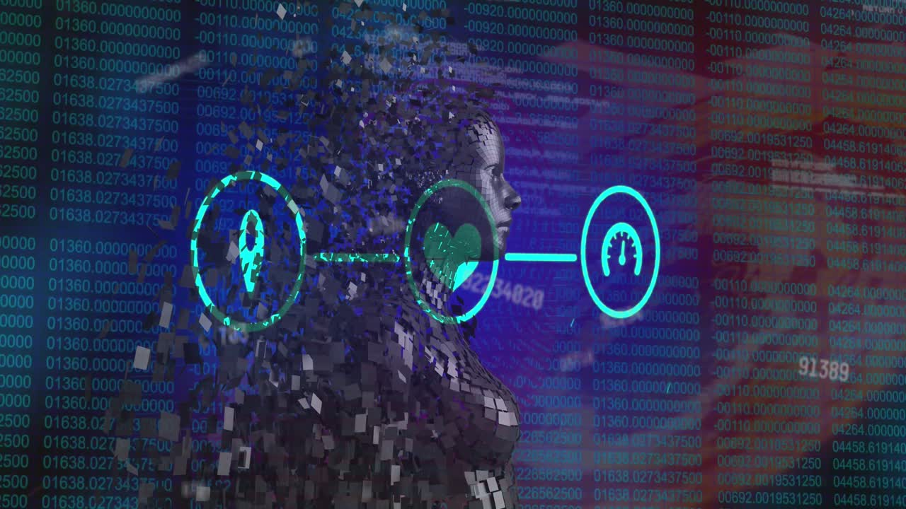 animación del procesamiento de datos con iconos y formas humanas digitales sobre fondo negro