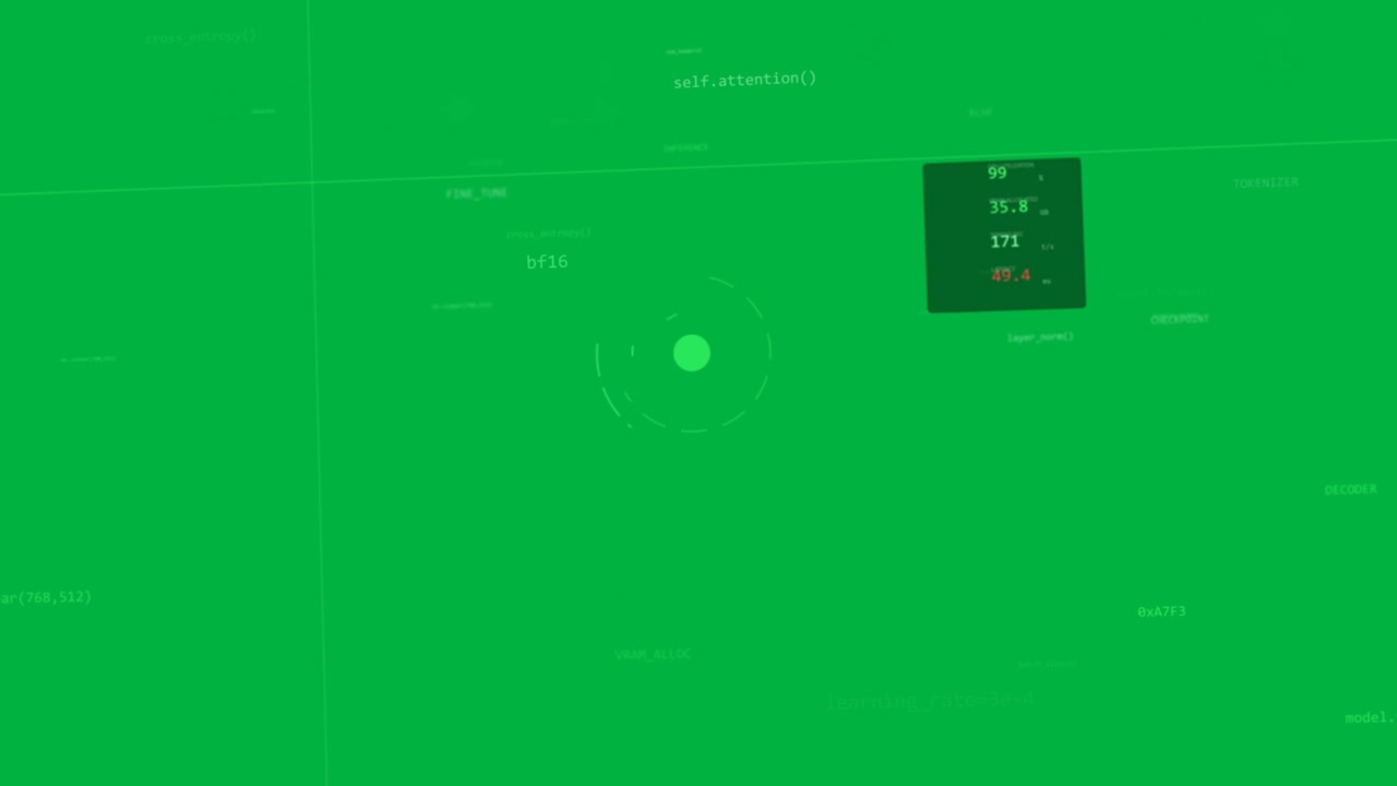 On load dashed rings and dot rotating, guides shifting to center, showing metrics on transparent