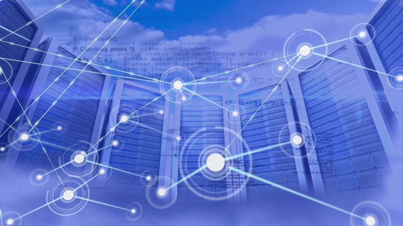 Animation of network of connections with icons and data over computer servers in clouds