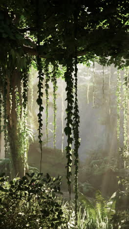 sunlight shining through a lush tropical forest with vines hanging down