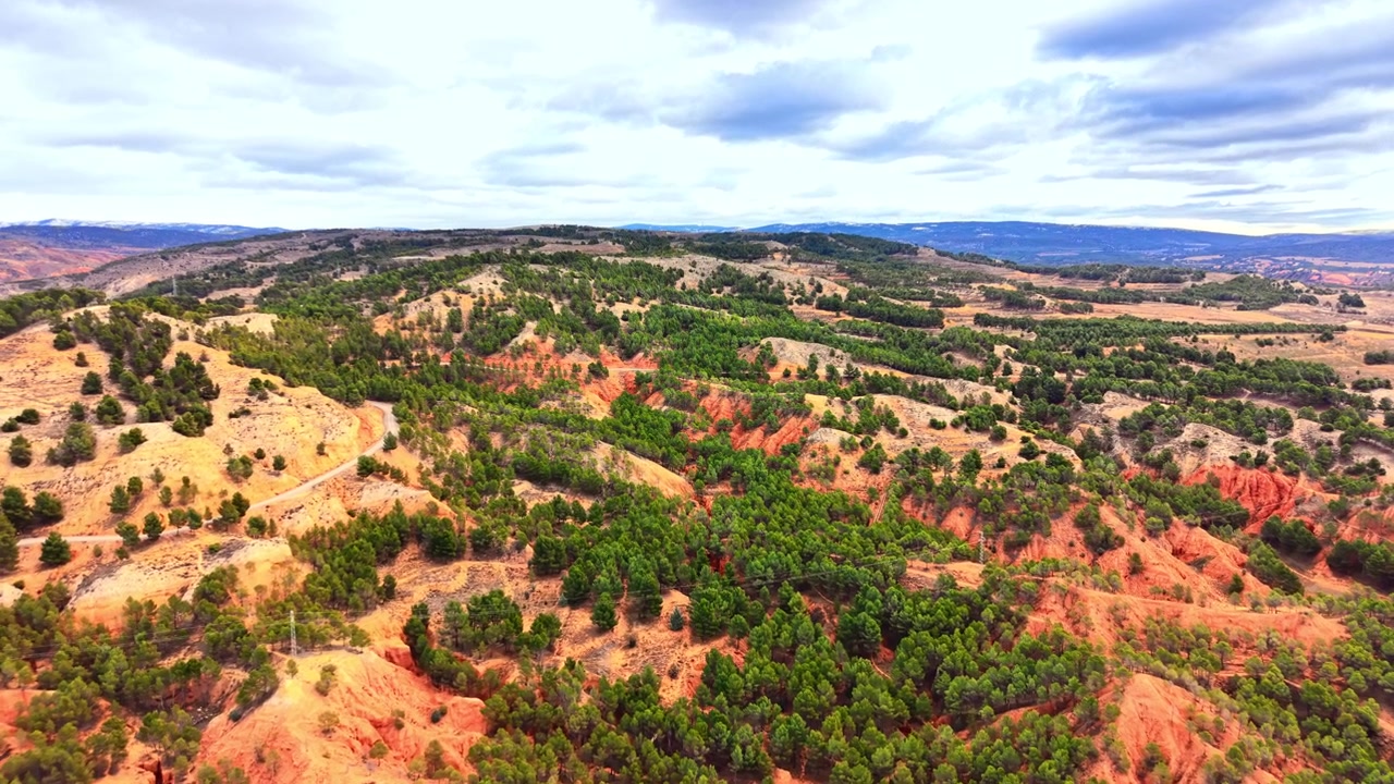 Vista aérea de drone de pinheiros verdes crescendo em solo vermelho erodido e terreno rochoso na região de Aragão, Espanha. Paisagem aérea de floresta de pinheiros em colinas de argila vermelha.