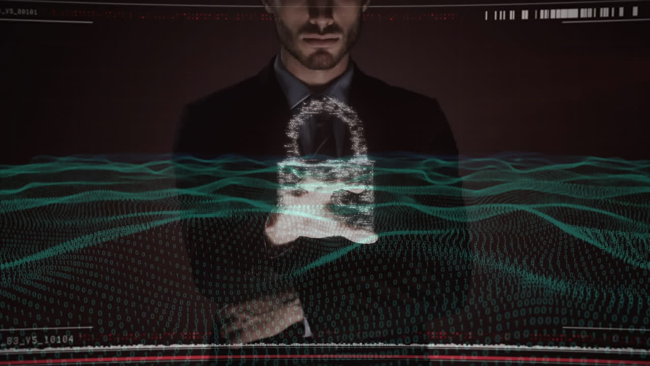 animación del escudo de seguridad, el candado y la red de conexiones sobre el hombre de negocios usando auriculares vr