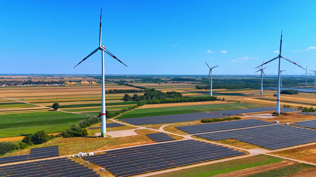 Wind generator and photovoltaic solar plant on cultivated agricultural land. Top angle view shows blue solar collector rows around tall white tower under clear sky.