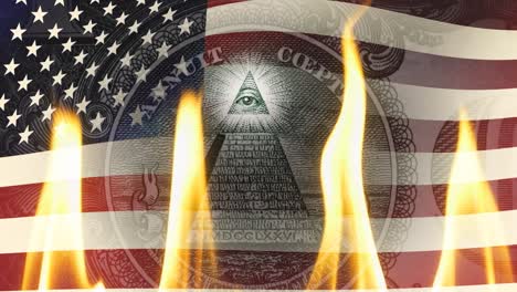 pyramid on a banknote of 1 us dollars bill with glowing freemasons eye on top on fire in flames against the background of a waving us flag. 4k raw video. financial crisis idea, conspiracy theory.