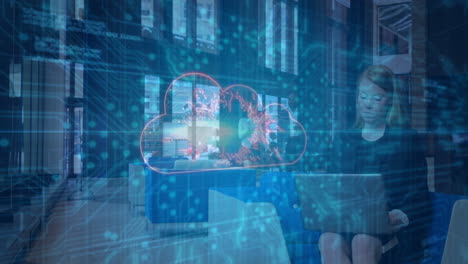 digital cloud technology animation over people working in modern office setting