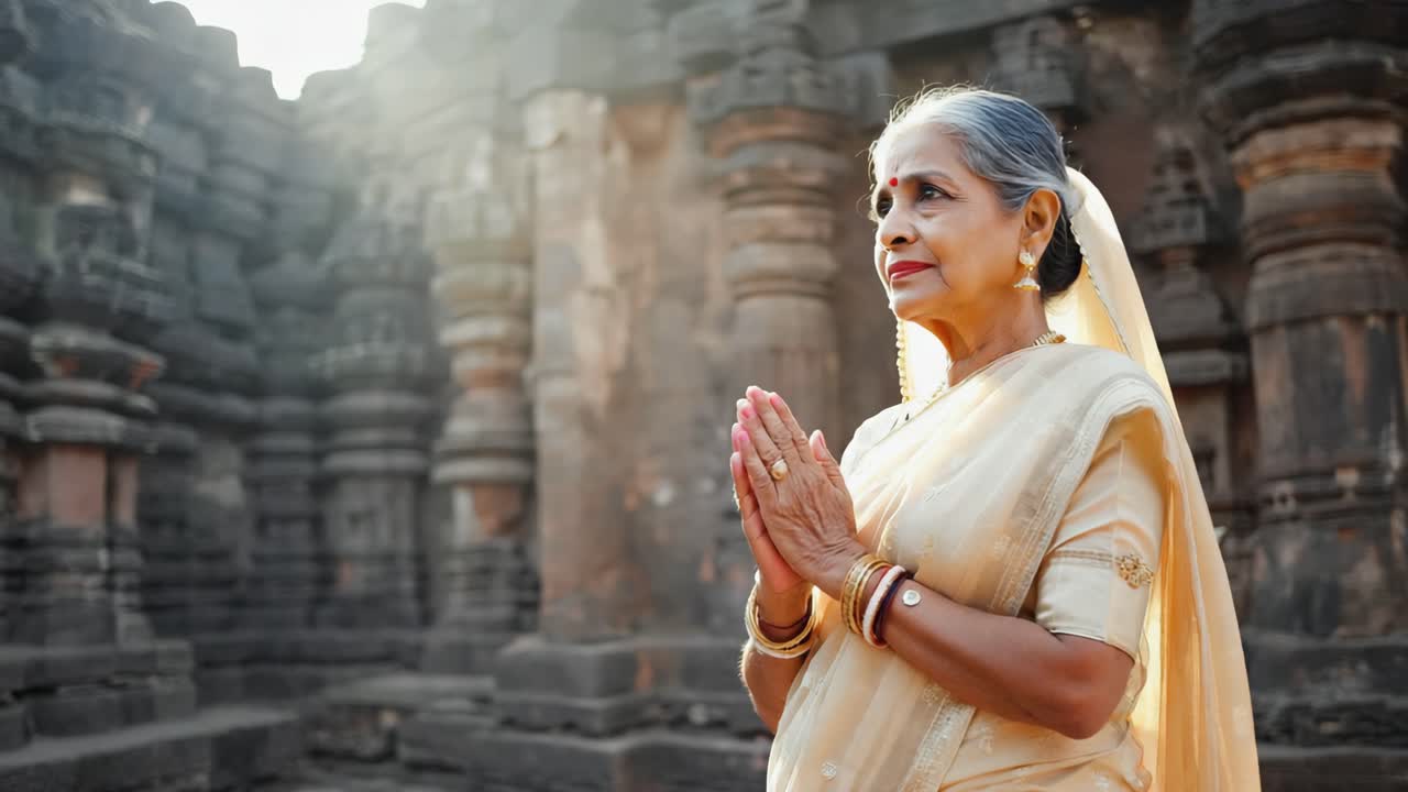 Elegant senior Indian woman wearing traditional clothing, joining hands in prayer amidst the sunny ambiance of an ancient temple, surrounded by majestic stone columns and rich cultural heritage