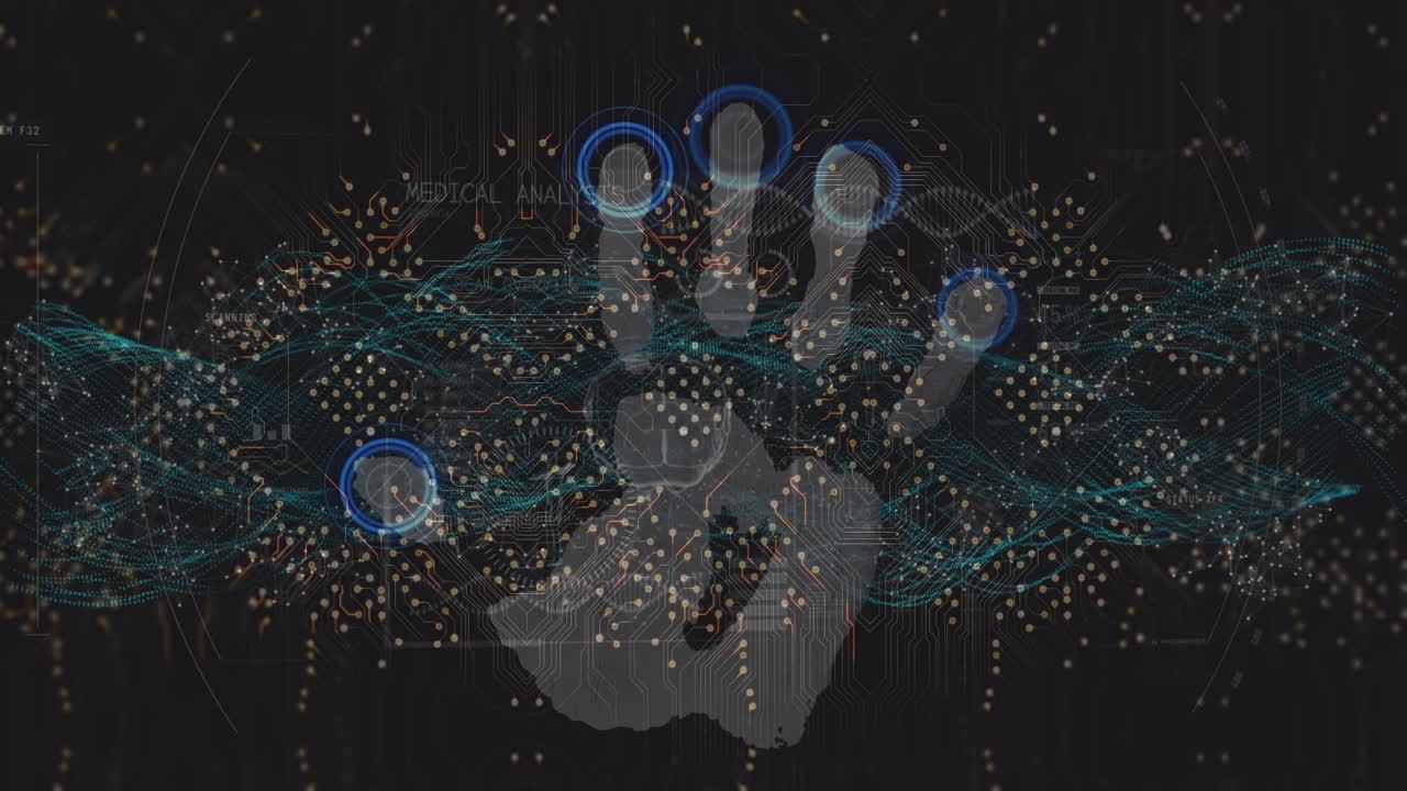 animación del icono de la mano sobre la placa de circuitos de la computadora en fondo negro