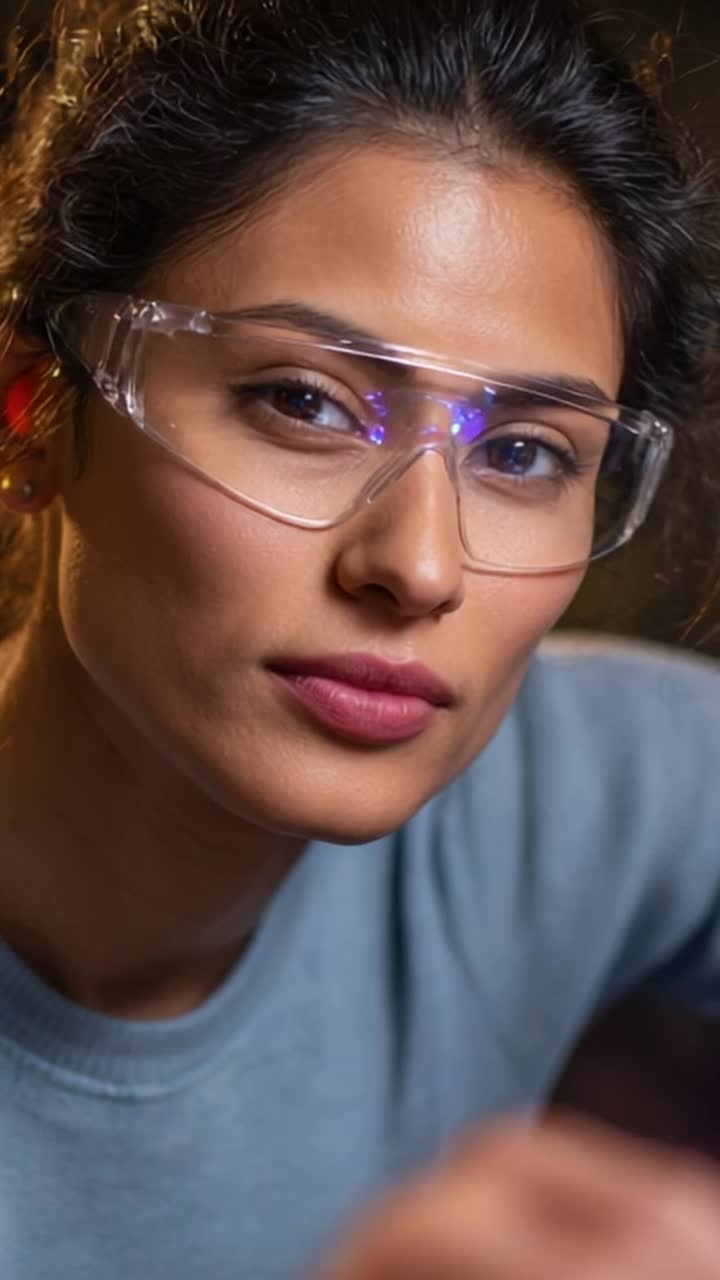Donna concentrata che indossa occhiali protettivi per migliorare la sicurezza e la precisione in un compito pratico, che mostra concentrazione e determinazione nel suo ambiente di lavoro