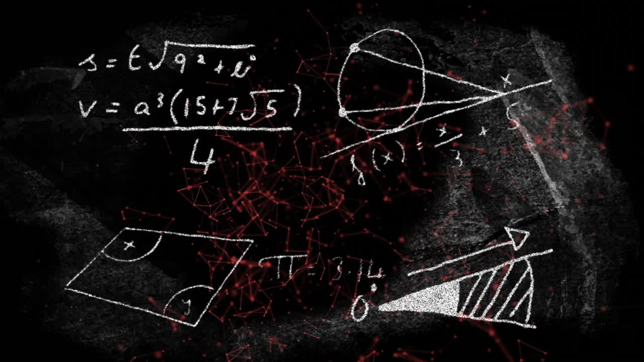 Drawing geometric shapes and equations on dark textured background with animation