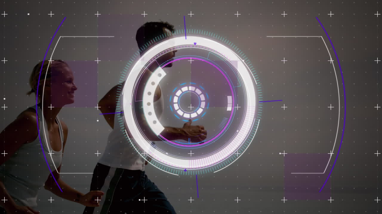 animación de escaneos y procesamiento de datos con un hombre y una mujer corriendo