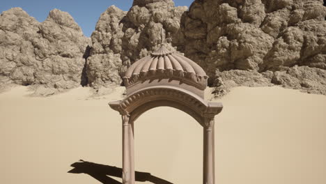 a stone archway in a desert landscape