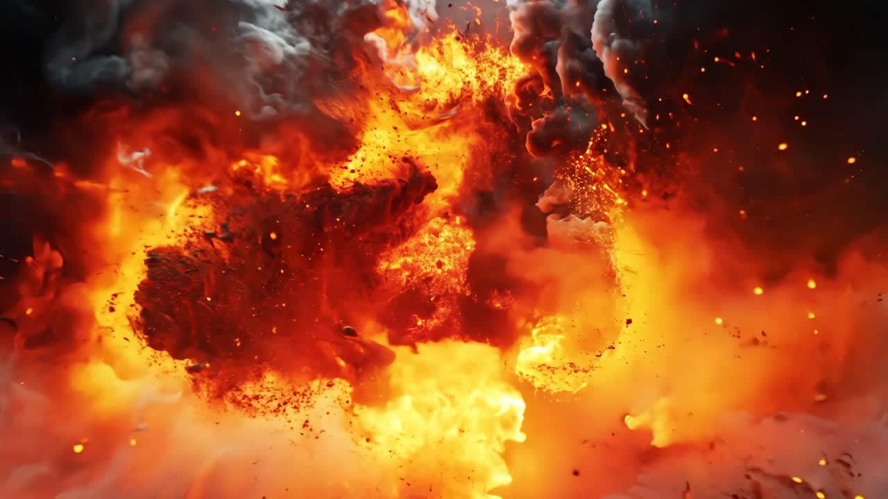 A large explosion is depicted in the image, with a lot of smoke and debris flying through the air. The scene is intense and chaotic, with the explosion leaving a trail of destruction in its wake